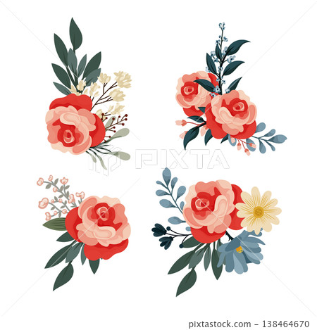 Floral bouquet set with red roses and wildflowers, elegant botanical compositions, decorative flat vector elements isolated for wedding, branding, invitation design 138464670