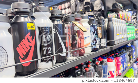 Assortment of branded water bottles displayed in a sporting goods store in Penang Assortment of branded water bottles displayed in a sporting goods store in Penang 138464697