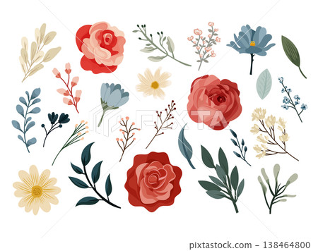 Collection of floral elements with roses, leaves and branches, flat vector botanical set isolated on white background, for wedding design. Collection of floral elements with roses, leaves and branches, flat vector botanical set isolated on white background, for wedding design. 138464800