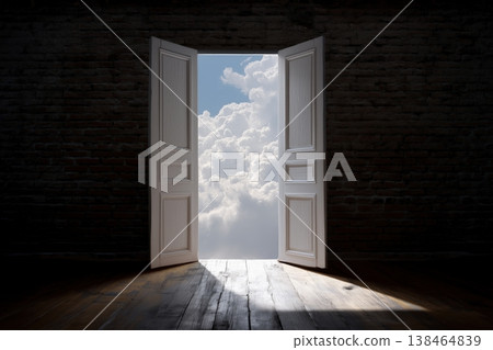 Open door against a dark brick wall offers a glimpse of sky and clouds promising hope and new opportunities. Open door against a dark brick wall offers a glimpse of sky and clouds promising hope and new opportunities. 138464839