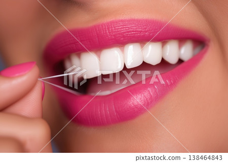 Woman's bright smile and perfect white teeth cleaned with dental floss for healthy gums 138464843