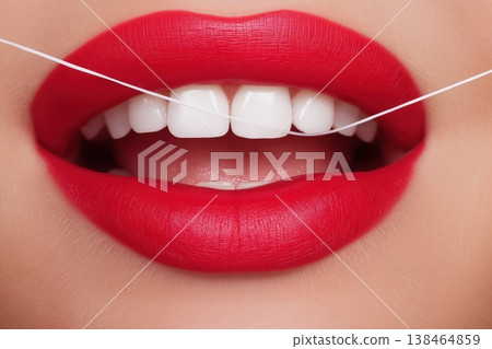 Woman's vibrant red lipstick with perfect white teeth flossing for healthy smile Woman's vibrant red lipstick with perfect white teeth flossing for healthy smile 138464859