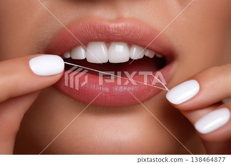 Woman flossing teeth for perfect smile and healthy gums, promoting dental care routine Woman flossing teeth for perfect smile and healthy gums, promoting dental care routine 138464877