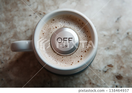 Coffee with a power switch, symbolizing the concept of turning off and relaxing in a hot cup of refreshment. Coffee with a power switch, symbolizing the concept of turning off and relaxing in a hot cup of refreshment. 138464937
