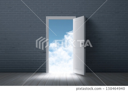 Open white door revealing bright sky against gray brick wall presents opportunity 138464940