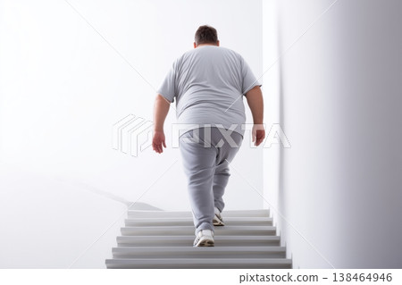 Overweight Man Ascending White Stairs Overweight Man Ascending White Stairs 138464946