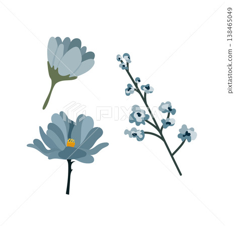 Minimal blue floral set with blossoms and branches, simple botanical elements collection, modern flat vector illustration isolated on white background Minimal blue floral set with blossoms and branches, simple botanical elements collection, modern flat vector illustration isolated on white background 138465049