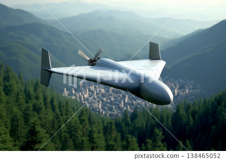 Stealth Shahed UAV Flying Over Urban Landscape Stealth Shahed UAV Flying Over Urban Landscape 138465052