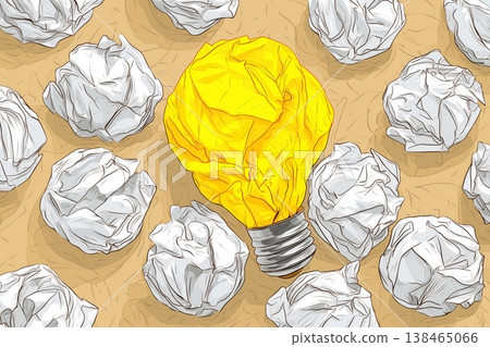 Idea generation represented by a glowing lightbulb surrounded by crumpled papers for creative inspiration and innovative thinking. 138465066