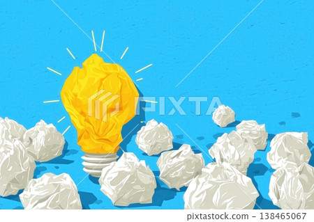 Creative idea concept displays a glowing yellow bulb among crumpled paper balls on a light blue backdrop. Creative idea concept displays a glowing yellow bulb among crumpled paper balls on a light blue backdrop. 138465067