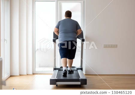 Overweight Young Man Walking on Treadmill Overweight Young Man Walking on Treadmill 138465120