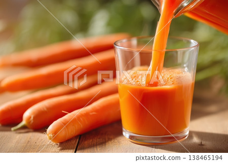 Fresh carrot juice being poured into a glass with whole carrots on a wooden table, a vibrant and healthy beverage. Fresh carrot juice being poured into a glass with whole carrots on a wooden table, a vibrant and healthy beverage. 138465194