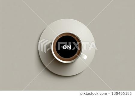 Freshly brewed coffee in a cup with the word ON signaling energy, focus and a productive start to the day. 138465195