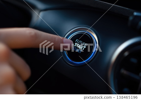 Pressing start button to ignite future in innovative vehicle with finger touching futuristic technology Pressing start button to ignite future in innovative vehicle with finger touching futuristic technology 138465196