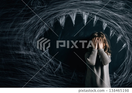 Little girl confronts fear with chalkboard monster, eyes covered, standing against scary drawn teeth. Little girl confronts fear with chalkboard monster, eyes covered, standing against scary drawn teeth. 138465198