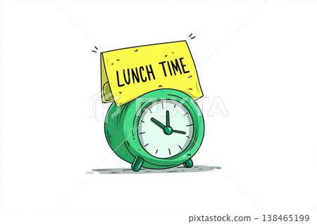 Green clock illustration announces it is lunch time on a yellow note, a break reminder for work or school Green clock illustration announces it is lunch time on a yellow note, a break reminder for work or school 138465199