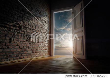 Open doorway to a vibrant sky offers hope and escape from a brick room, suggesting a new journey. Open doorway to a vibrant sky offers hope and escape from a brick room, suggesting a new journey. 138465220