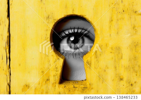 Eye peeking through a keyhole in a vibrant yellow wooden door evoking mystery and curiosity Eye peeking through a keyhole in a vibrant yellow wooden door evoking mystery and curiosity 138465233
