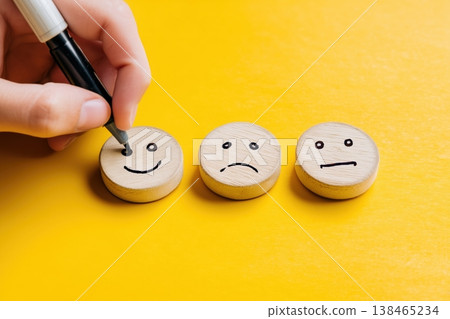 Depicting mood using wooden discs and a marker, showing happy, sad, and neutral facial expressions on a bright yellow background. Depicting mood using wooden discs and a marker, showing happy, sad, and neutral facial expressions on a bright yellow background. 138465234