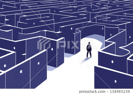 Person standing at the exit of a perplexing labyrinth signifying challenge, navigation, solution, and problem solving. Person standing at the exit of a perplexing labyrinth signifying challenge, navigation, solution, and problem solving. 138465239