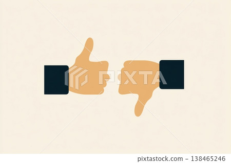 Conceptual flat design featuring a thumbs up and thumbs down symbolizing approval versus disapproval, decision making, or feedback. 138465246