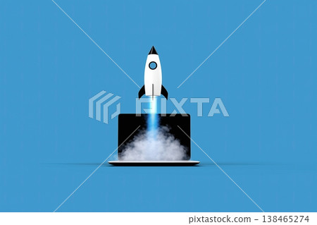 A startup rocket launching from a laptop screen symbolizes technology, innovation and business growth on a blue backdrop. A startup rocket launching from a laptop screen symbolizes technology, innovation and business growth on a blue backdrop. 138465274