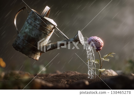 Brain blossom being nourished with knowledge from a watering can in a surreal, thought-provoking conceptual setting. Brain blossom being nourished with knowledge from a watering can in a surreal, thought-provoking conceptual setting. 138465278