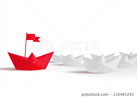 Leadership concept shown with red and white paper boats on a bright background, symbolizing business strategy 138465293