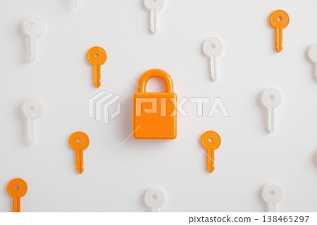 Lock and keys in orange and white suggest digital security and safety on a clean background. Lock and keys in orange and white suggest digital security and safety on a clean background. 138465297