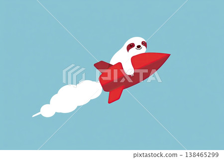 A cheerful sloth soars through a blue sky riding a bright red rocket with billowing white smoke trails behind. A cheerful sloth soars through a blue sky riding a bright red rocket with billowing white smoke trails behind. 138465299