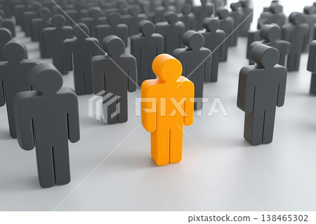 Orange stylized figure stands out among gray figures, signifying individuality and leadership. Orange stylized figure stands out among gray figures, signifying individuality and leadership. 138465302