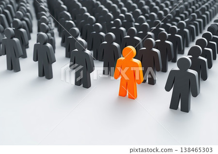Standing out with a unique person among a crowd of similar figures in a teamwork setting for business. 138465303