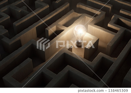 A lightbulb shines brightly within a intricate maze, symbolizing solutions, innovation, and finding the correct path to success. A lightbulb shines brightly within a intricate maze, symbolizing solutions, innovation, and finding the correct path to success. 138465309
