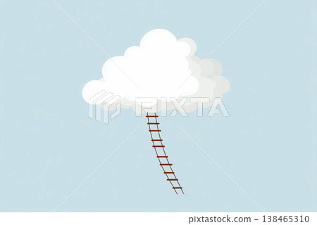 Simple ladder reaching to a cloud in a light blue sky for achieving goals and success with a minimalist design. 138465310