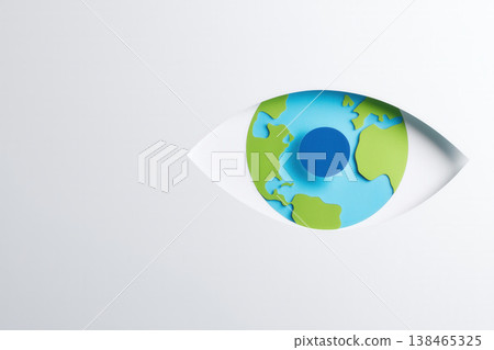 Globe in eye shape cut out on white, conceptualizing world vision and environmental awareness, showing continents and oceans 138465325