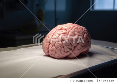 Human brain model displayed on surgical table offers insight into medical research and neurological studies. Human brain model displayed on surgical table offers insight into medical research and neurological studies. 138465336
