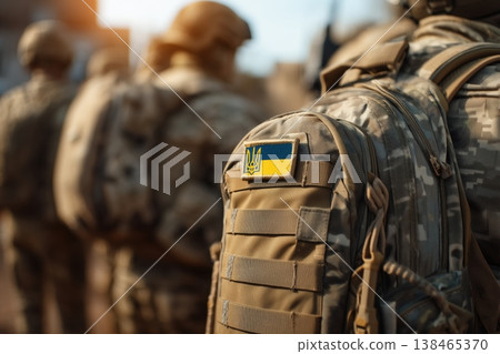 Ukrainian soldiers stand in formation with the national flag patch visible on their military uniforms, symbolizing patriotism and defense. Ukrainian soldiers stand in formation with the national flag patch visible on their military uniforms, symbolizing patriotism and defense. 138465370