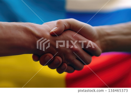 Ukraine Russia handshake conveys international relations, negotiation, agreement, and a hopeful future for peace and diplomacy 138465373