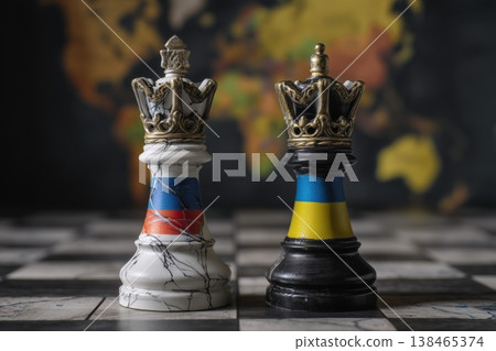 Conflict depicted by chess pieces with Russian and Ukrainian flags on a chessboard shows tension Conflict depicted by chess pieces with Russian and Ukrainian flags on a chessboard shows tension 138465374