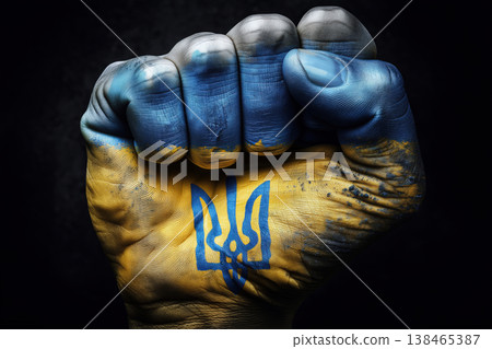 A powerful fist painted with Ukrainian flag colors symbolizes strength and national identity against a dark background. A powerful fist painted with Ukrainian flag colors symbolizes strength and national identity against a dark background. 138465387
