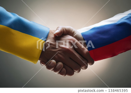 Russia and Ukraine reach out to shake hands, displaying peace and negotiation during geopolitical conflict resolution. Russia and Ukraine reach out to shake hands, displaying peace and negotiation during geopolitical conflict resolution. 138465395