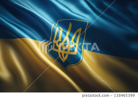 Ukraine flag with the Ukrainian coat of arms displayed prominently showcases national pride and identity in blue and yellow. Ukraine flag with the Ukrainian coat of arms displayed prominently showcases national pride and identity in blue and yellow. 138465399