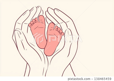 Tender hands cradle tiny baby feet, symbolizing newborn love and the preciousness of new life in a beautiful minimalist illustration. 138465459