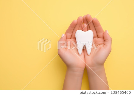 Woman gently holds a healthy white tooth model, promoting dental care and oral hygiene on a vibrant yellow backdrop. 138465460