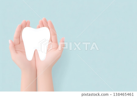 Woman's hands holding a bright white tooth model against a pastel blue background, representing dental care and oral health. Woman's hands holding a bright white tooth model against a pastel blue background, representing dental care and oral health. 138465461