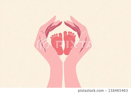 Gentle hands carefully protect adorable little baby feet with pastel pink colors on a light background 138465463