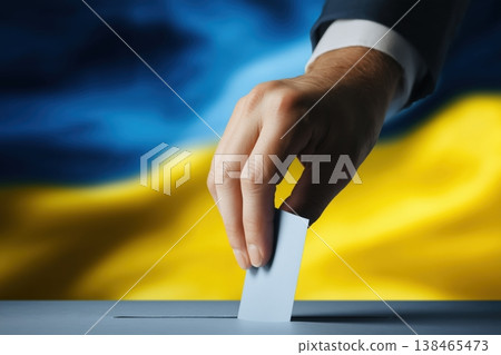 Ukrainian citizen casts ballot in election, demonstrating democratic values and civic participation on flag background. Ukrainian citizen casts ballot in election, demonstrating democratic values and civic participation on flag background. 138465473