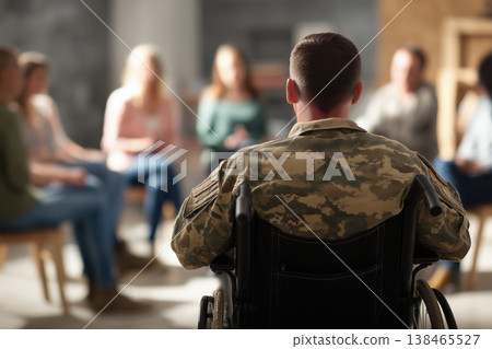 Veteran in a wheelchair at a support group meeting surrounded by people offering mental health care and community Veteran in a wheelchair at a support group meeting surrounded by people offering mental health care and community 138465527