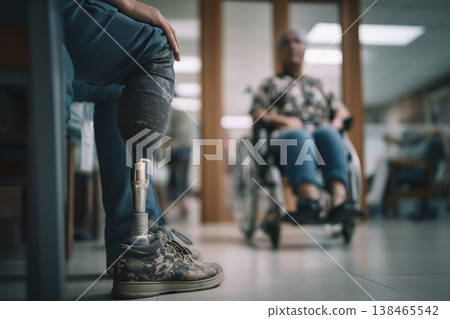 Amputee stands with prosthetic leg in hospital corridor, elderly woman in wheelchair passing by showing resilience and rehabilitation. Amputee stands with prosthetic leg in hospital corridor, elderly woman in wheelchair passing by showing resilience and rehabilitation. 138465542