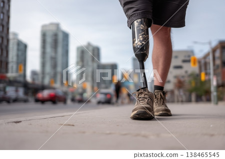 Person with prosthetic leg walks confidently on a city sidewalk, embodying resilience and determination. Person with prosthetic leg walks confidently on a city sidewalk, embodying resilience and determination. 138465545